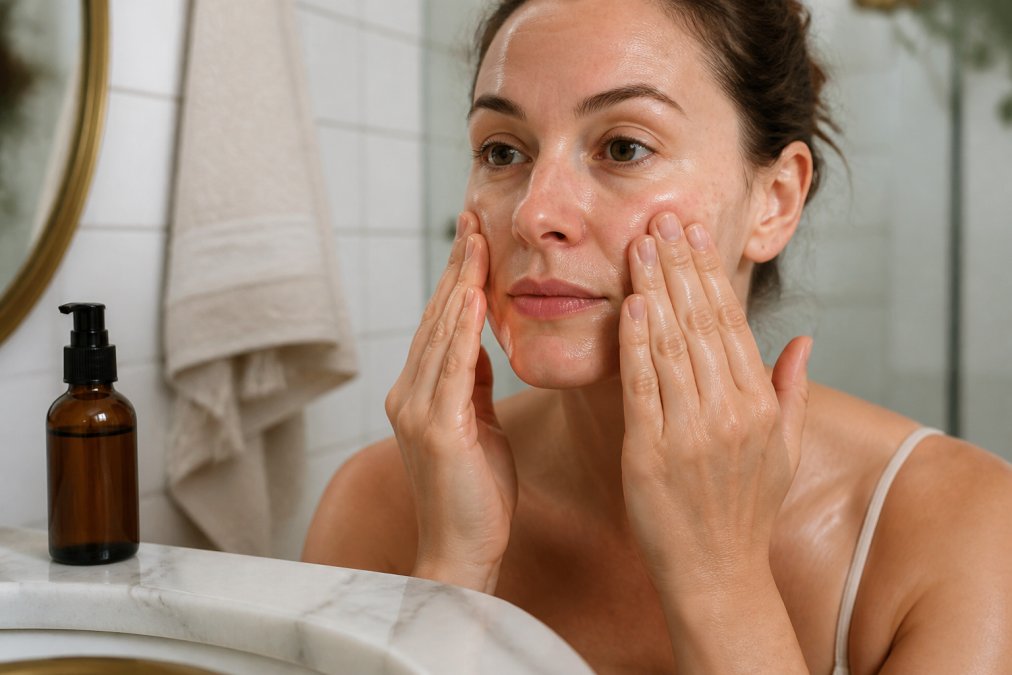Woman with sensitive skin massaging golden cleansing facial oil into her cheeks in a softly lit bathroom.