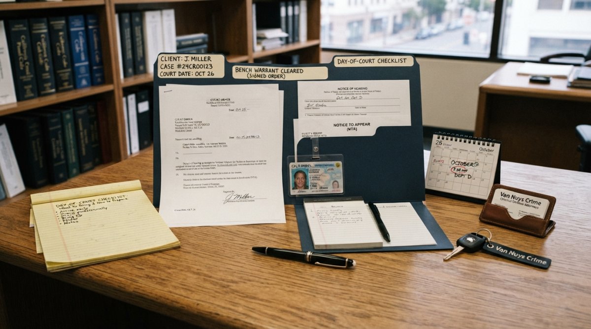 Person sitting in a courthouse hallway with a folder, documents, and identification visible on their lap, looking composed and prepared
