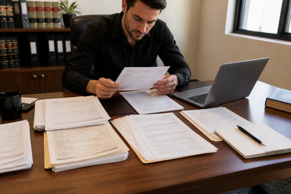 Person sitting at desk reviewing court forms and legal documents with laptop, papers spread across wooden surface in natural office lighting