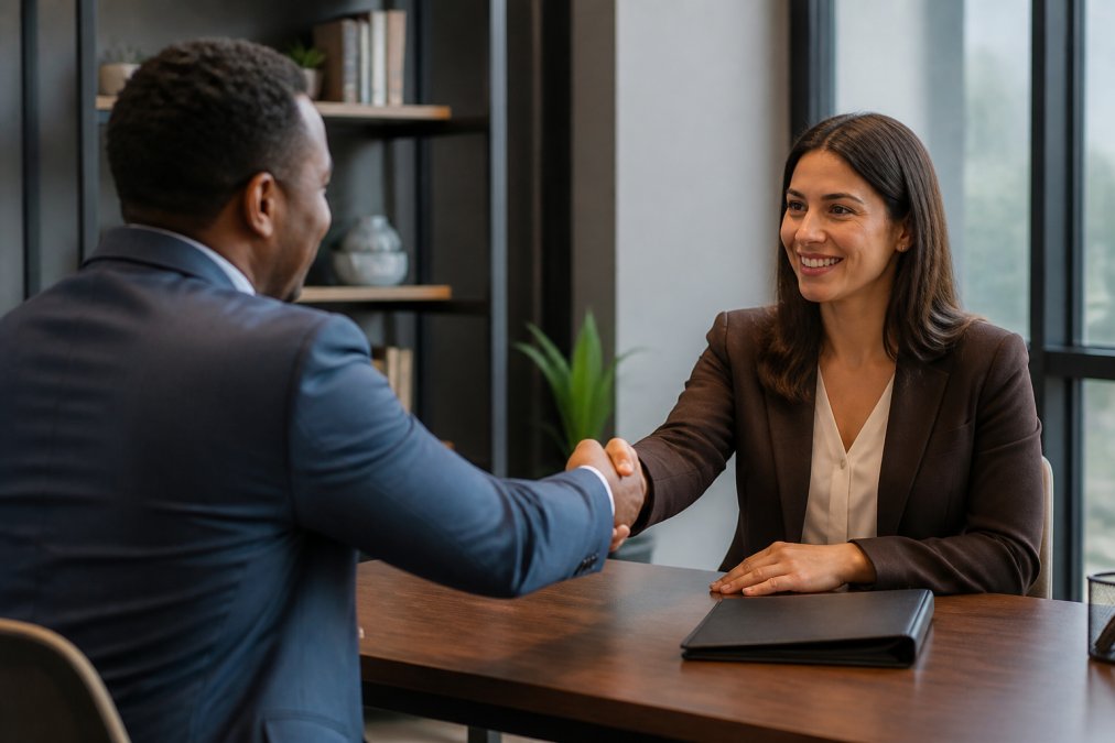 Two professionals shaking hands across desk in modern office during job interview with natural lighting from windows