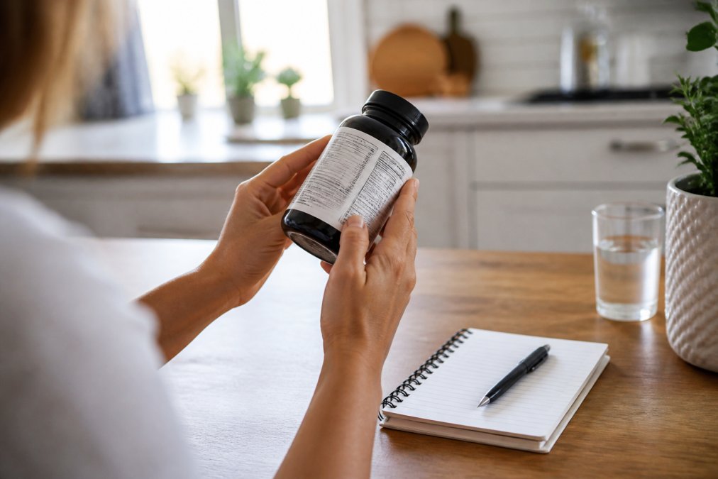 Hands holding a supplement bottle to check for accurate product labelling with a notepad on a wooden kitchen table