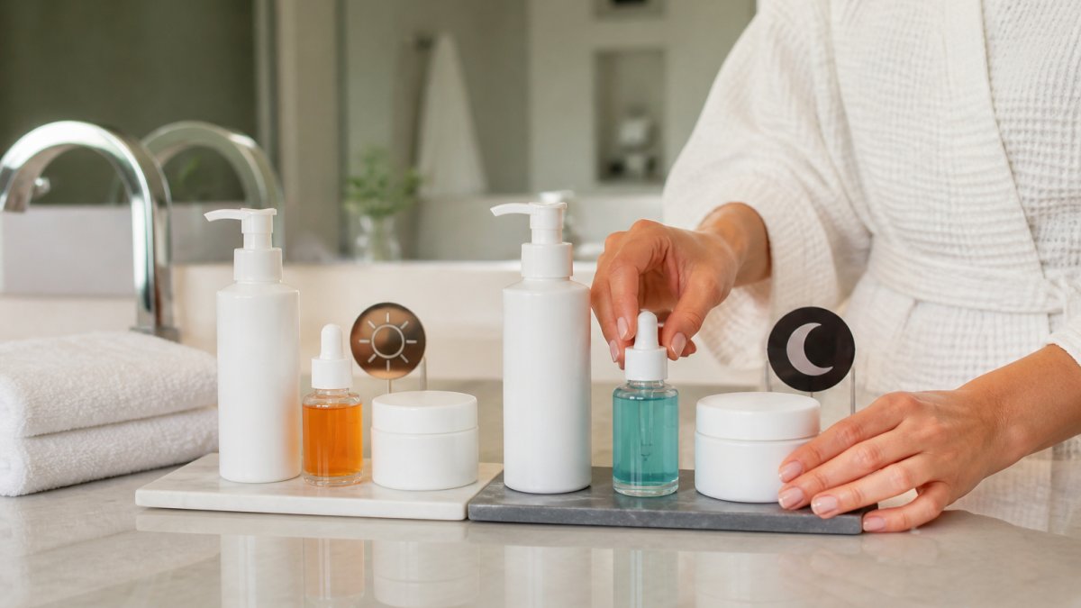 Person's hands holding skincare products arranged in order on a clean bathroom counter, showing morning and evening routine setup with cleanser, treatment serum, and moisturizer