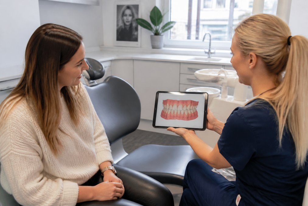 Adult patient reviewing digital treatment plan on tablet screen with orthodontist in bright clinical consultation room