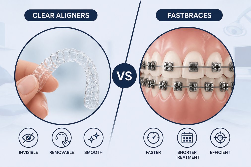 Close-up of clear aligner tray held in hand next to fixed metal bracket system showing visual treatment contrast in clinical setting