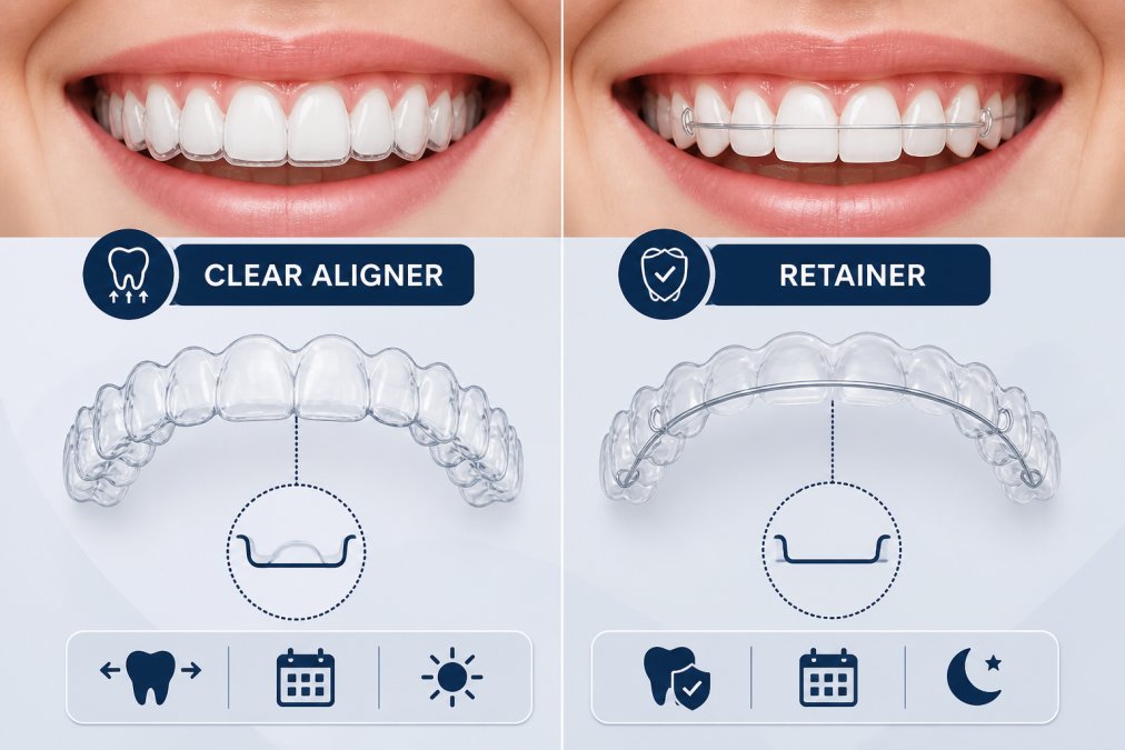 Close-up of a person's smile showing a clear aligner tray positioned over upper teeth next to a transparent retainer, demonstrating the visual similarity and structural difference between active and passive orthodontic appliances in natural daylight