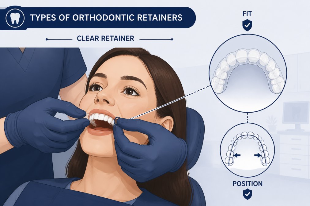 Dental professional's hands demonstrating proper placement of a clear retainer onto a patient's upper teeth during a consultation, showing the fit and positioning in a modern dental clinic with soft overhead lighting