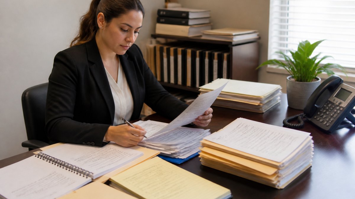 Professional paralegal at desk reviewing case documents and legal files while preparing detailed process server instructions, with phone and case notes visible