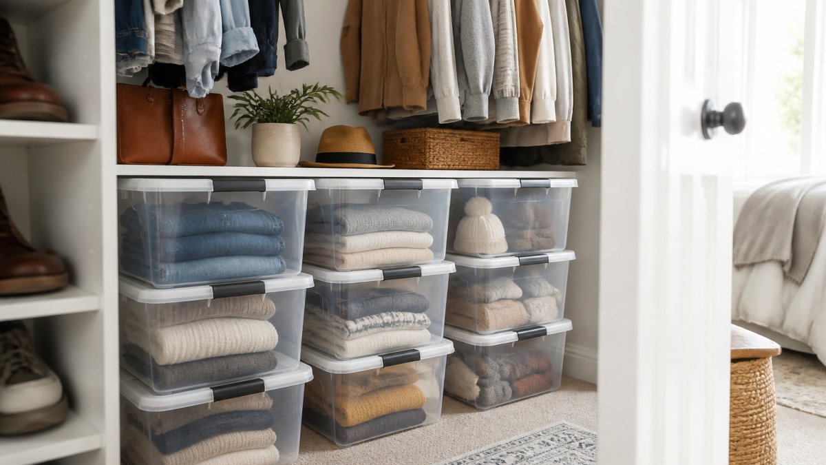 Step-by-step diagram for organizing a closet using clear durable storage bins to categorize clothes and accessories.