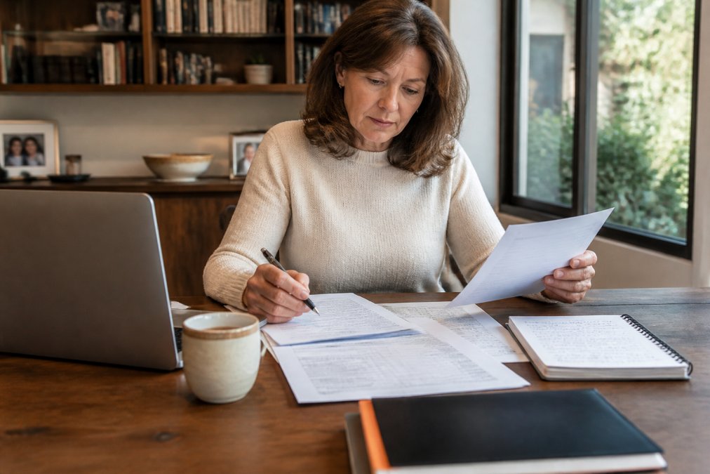 Woman in her 50s sitting at her home office with a laptop and insurance documents spread across the desk, reviewing her health plan with a focused expression and a cup of coffee nearby, with a handwritten coverage summary visible on a notepad