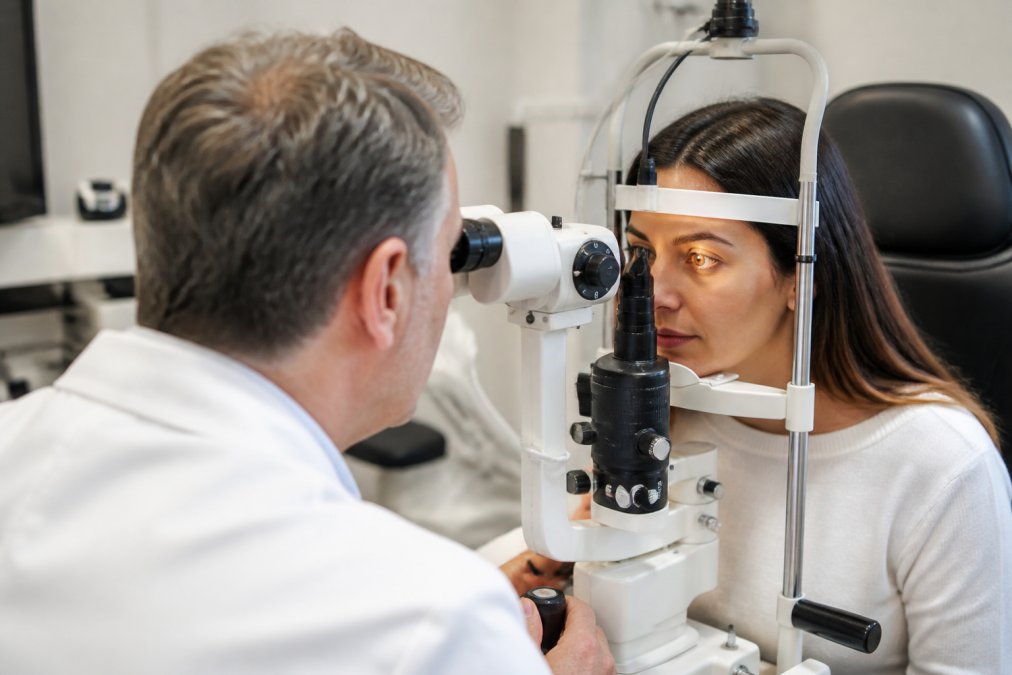 Ophthalmologist performing detailed eye examination on patient using advanced diagnostic equipment in modern clinical setting with soft ambient lighting