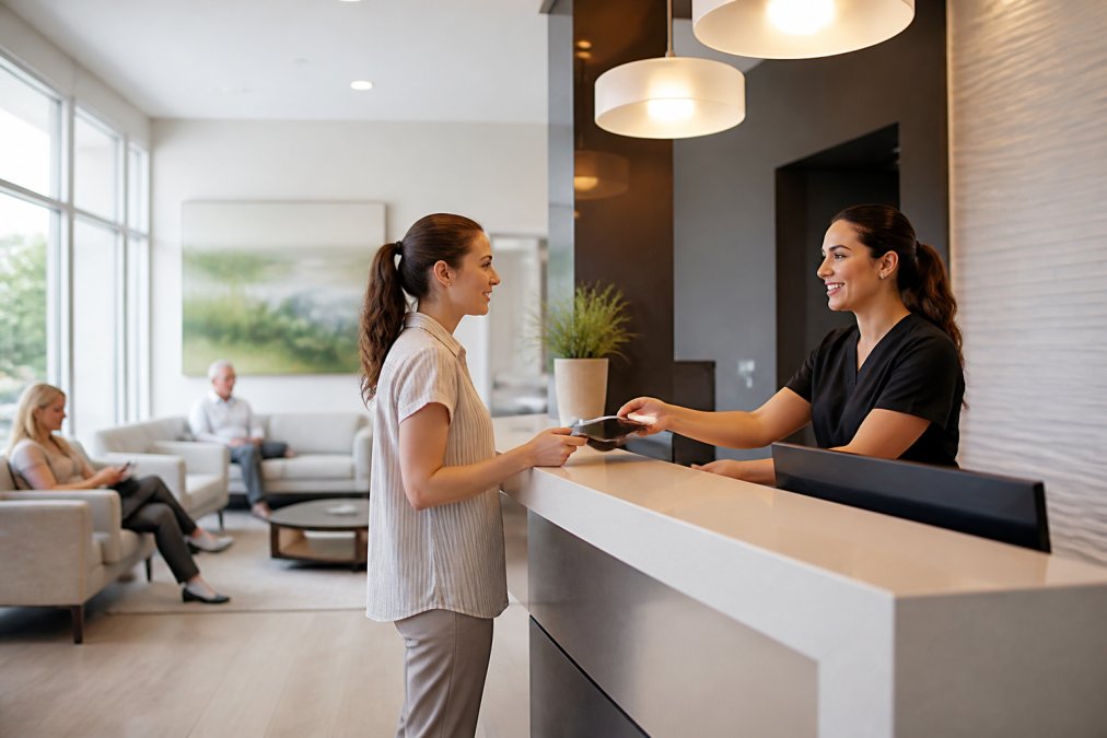 Welcoming modern medical office reception area with comfortable seating and professional staff assisting patient with appointment scheduling in bright, clean environment