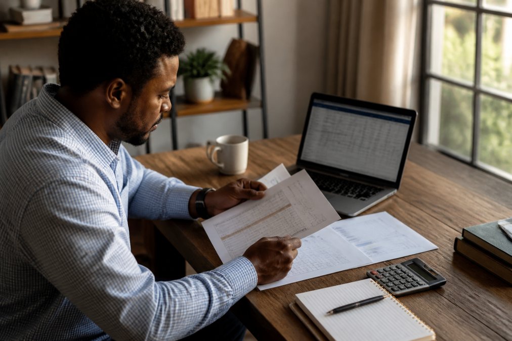 Infographic showing key financial metrics for real estate investment insights at a desk with property data.