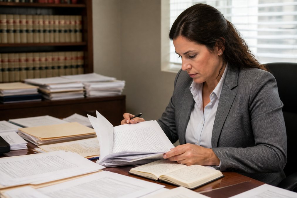 Professional reviewing property documents and title search records at desk with computer, notebook, and title forms visible