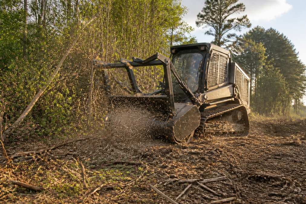 A tracked forestry mulcher chewing through dense brush and small trees on a rural property, wood chips spraying from the front rotary attachment in late afternoon light