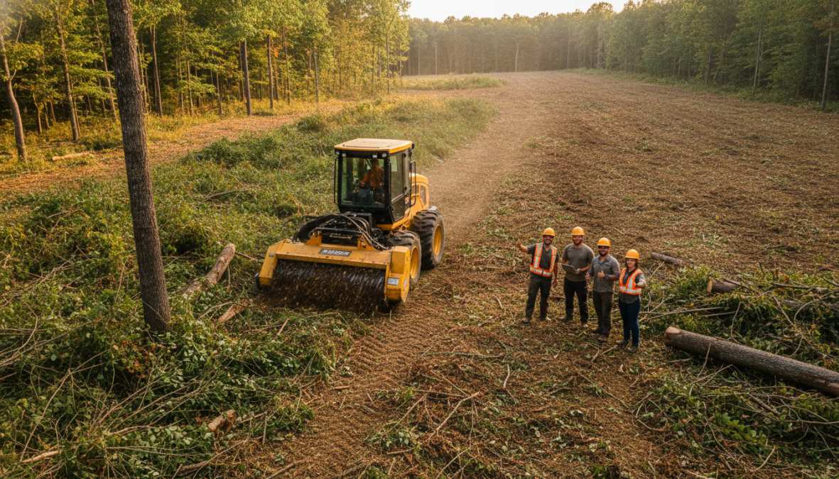 Forestry mulcher operating on densely wooded property, grinding trees and brush into fine mulch particles on the ground, with operator visible in cab during morning light