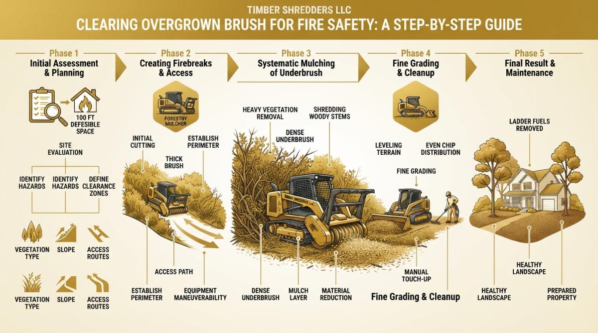 Professional forestry mulching equipment actively clearing dense overgrown brush and underbrush from a residential property, showing the machine processing vegetation into mulch while working through thick vegetation