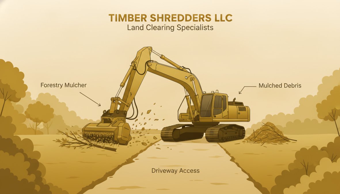 Professional excavator with mulching head grinding trees and brush on a residential driveway, showing equipment in action clearing overgrown vegetation