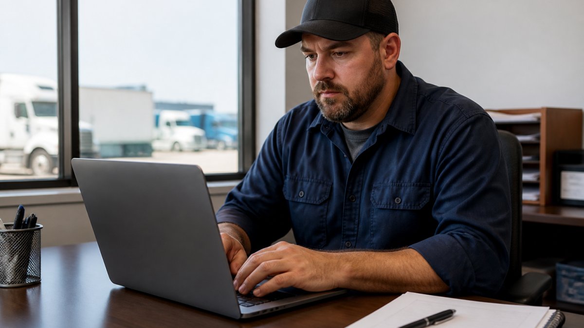 Truck driver using a laptop to manage clearinghouse compliance for cdl holders registration