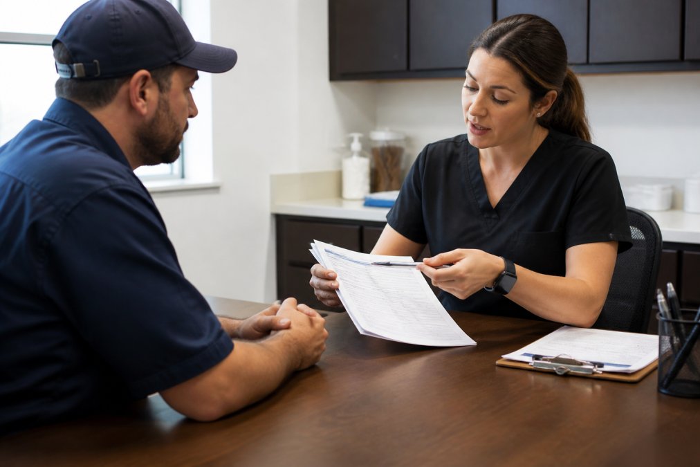 Professional truck driver at a testing facility desk, speaking with a collection technician who is explaining documents related to RTD testing and Clearinghouse reporting, natural office lighting