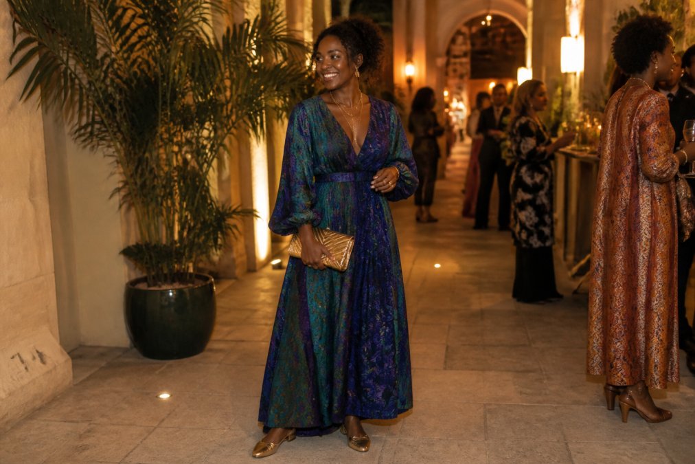Woman wearing an elegant flowing boho maxi dress in jewel tones, paired with metallic d'orsay flats, a structured gold clutch, and layered delicate gold jewelry, standing in a softly lit upscale venue