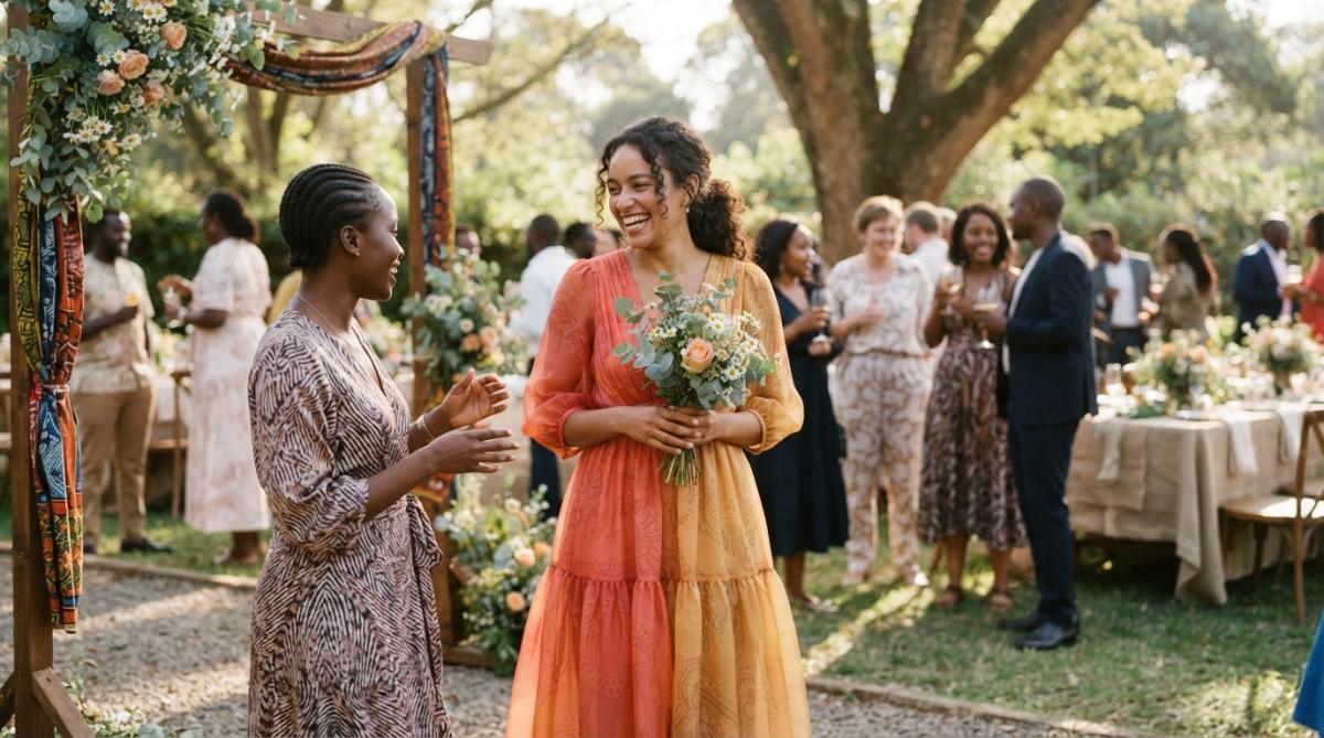 A woman in a flowing, colorful ombre organza dress standing at a sunlit outdoor wedding reception, holding a small bouquet, with other guests in soft-focus background