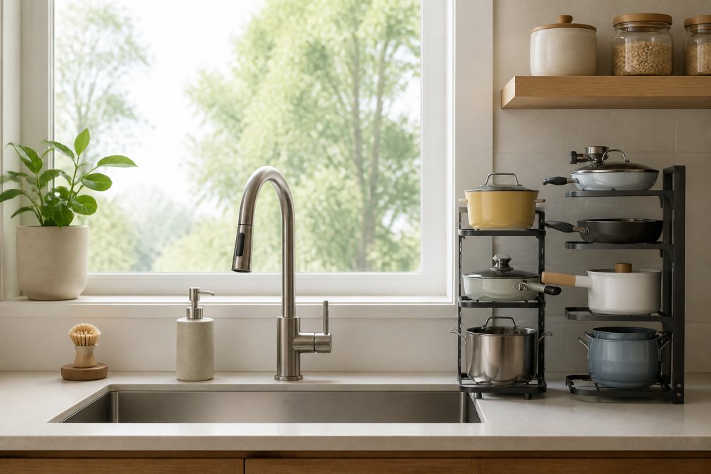 Modern minimalist kitchen sink area with organized metal shelving, clean countertops, and Scandinavian-inspired storage containers neatly arranged beside a stainless steel sink under natural window lighting