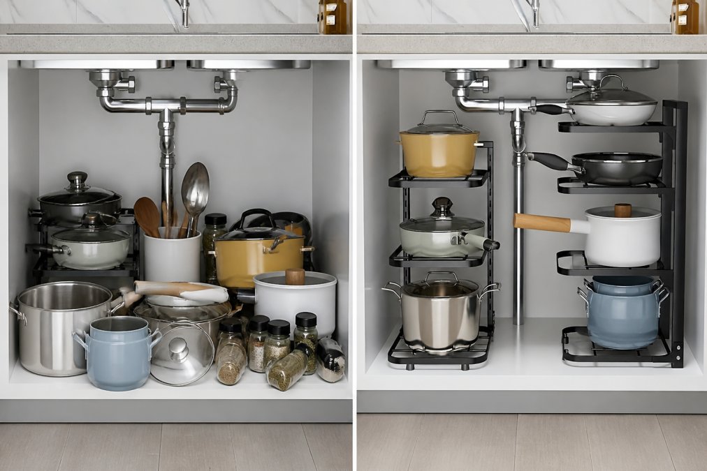 Hands organizing kitchen items into tiered metal storage shelves, showing a before shot of a cluttered countertop with scattered jars, utensils, and containers, then after-shot of the same area neatly organized with everything in designated tiers