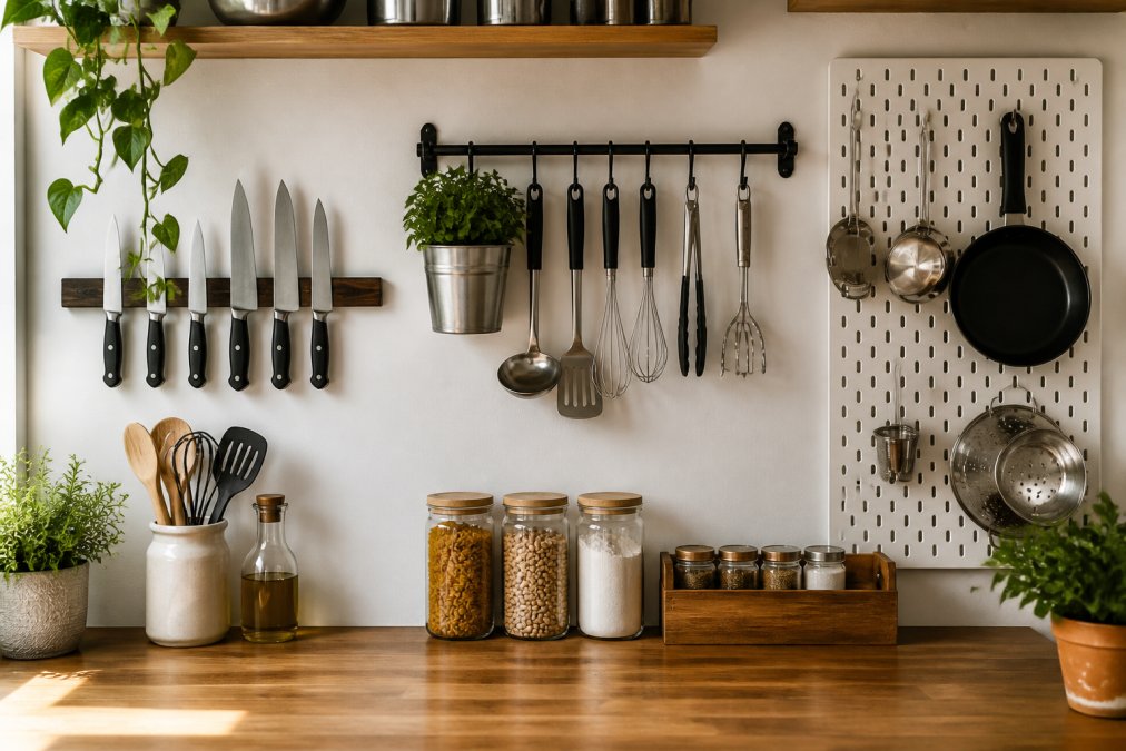 Magnetic knife strip, hanging rail, and pegboard providing efficient kitchen wall storage in a small space.