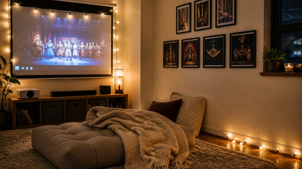 A cozy apartment corner with a small projector screen, warm string lights, and framed theater playbills hung on a wall with damage-free strips, a floor cushion and blanket in the foreground, soft evening lighting