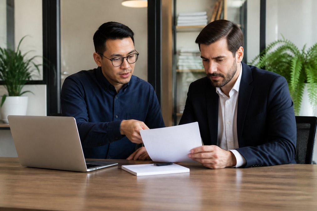An IT professional and a business owner sitting across a conference table reviewing a contract document, with a laptop and notepad visible, in a modern office setting
