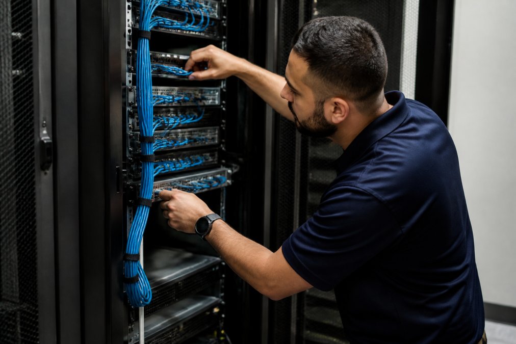 A technician in a branded polo shirt performing on-site server maintenance in a small business server room, checking cables and equipment with a focused expression