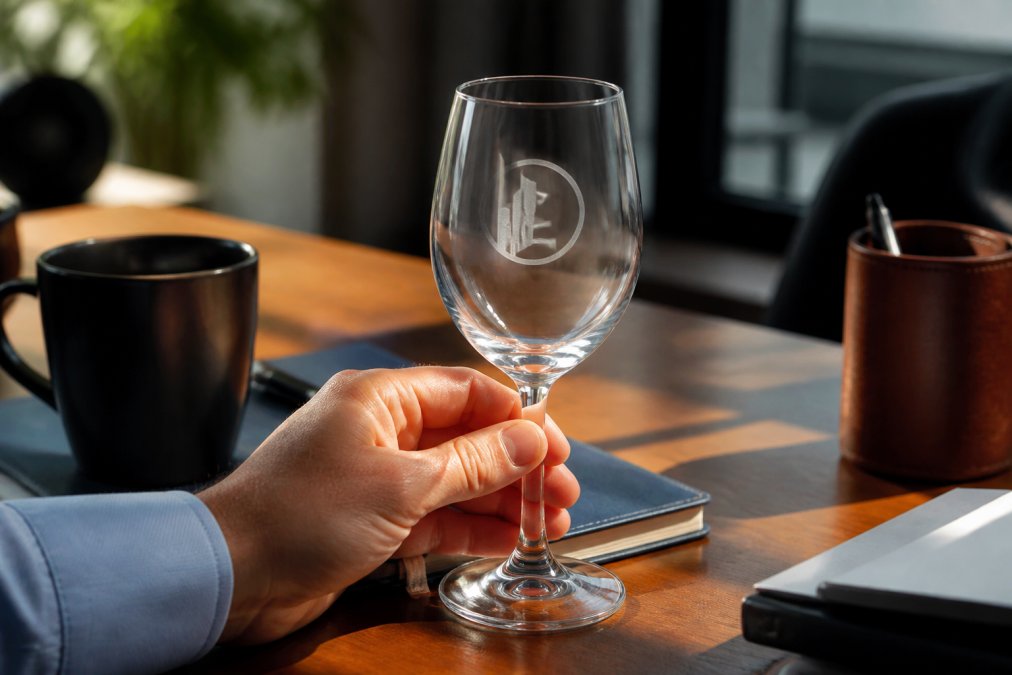 Close-up of a hand holding a custom-etched crystal wine glass with a company logo, placed on a polished wooden desk next to a notebook and coffee cup, in a bright office setting