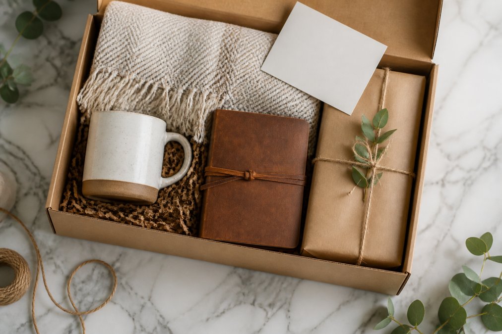 Overhead view of elegantly arranged gift box containing personalized ceramic mug, woven blanket, leather journal, and gift wrap with handwritten note on white marble surface with soft natural lighting