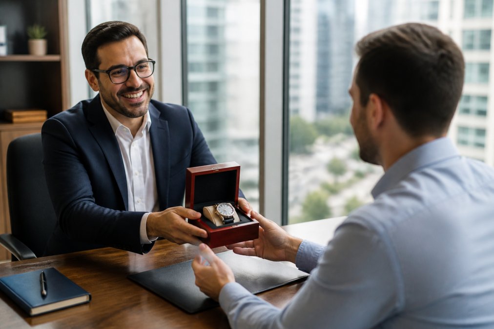 Financial advisor presenting a beautifully wrapped personalized watch in a mahogany gift box to a grateful client across a modern office desk, natural light streaming through floor-to-ceiling windows