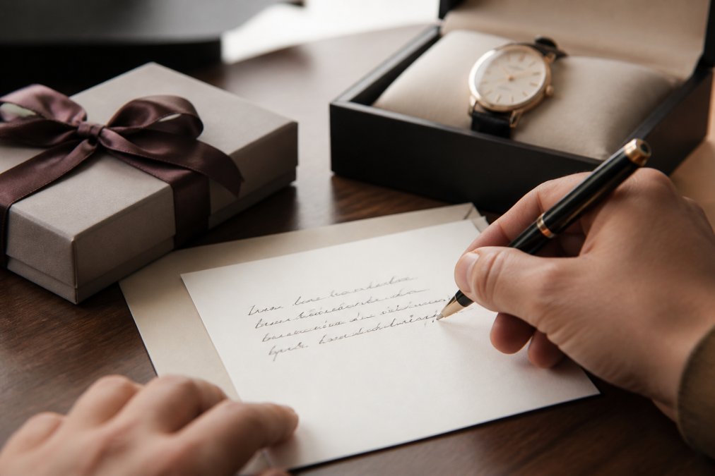 Close-up of a handwritten thank you note next to an elegant pen, with a gift box and personalized watch visible in soft focus in the background, warm office lighting