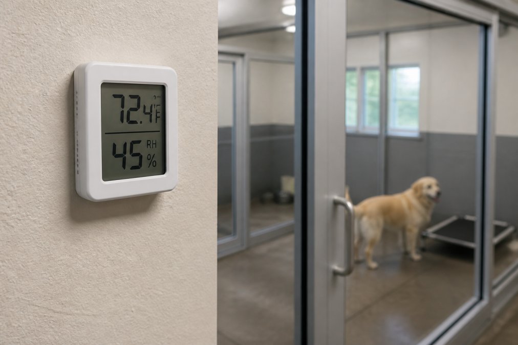 A wall-mounted digital thermostat and hygrometer display showing temperature and humidity readings in a modern dog boarding facility