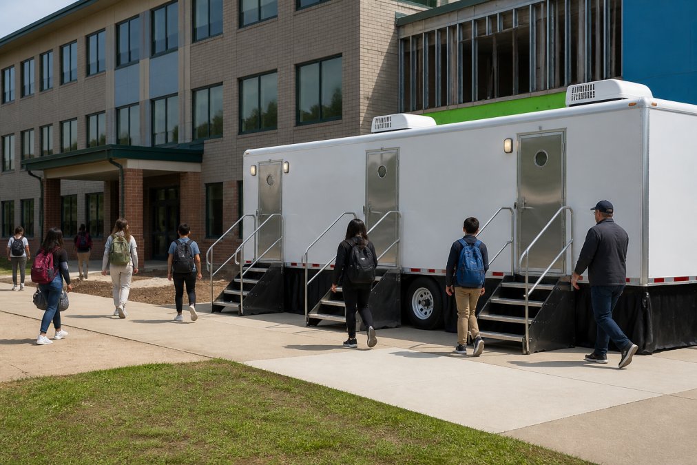 Climate-controlled restroom trailer parked outside a school building with students and staff accessing the unit during a construction and renovation project, bright daylight visible