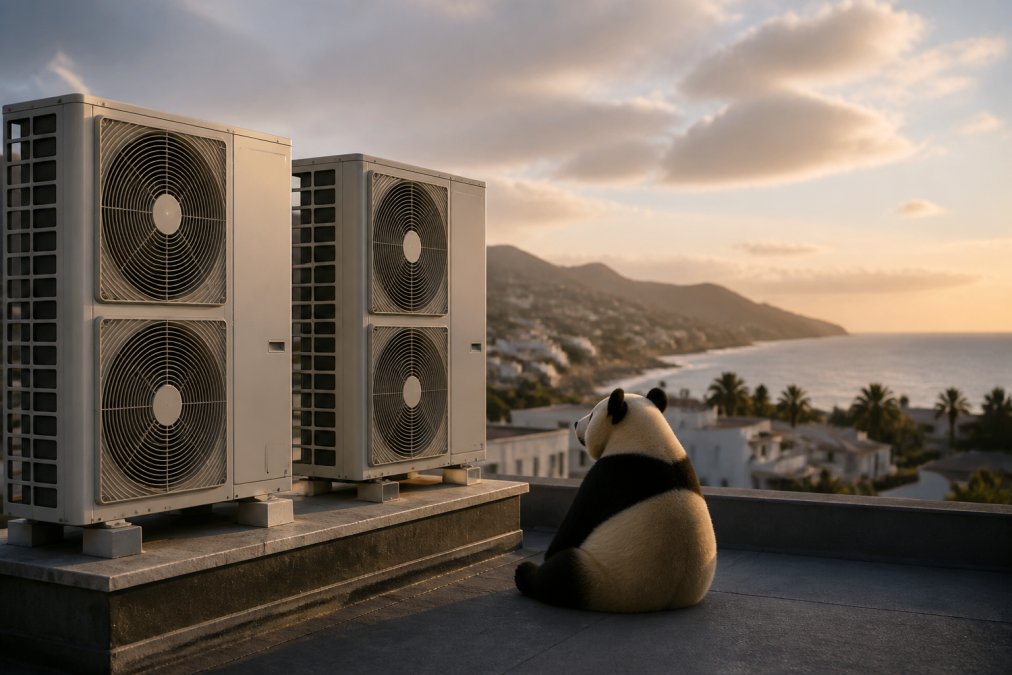 Un oso panda sentado en una azotea comercial observando dos grandes unidades de aire acondicionado industriales, con la costa de Mijas y el mar Mediterráneo al fondo, luz dorada de atardecer
