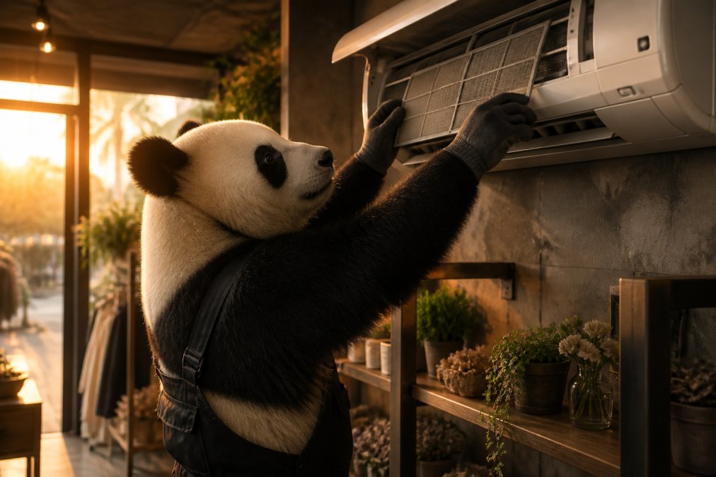Escena cinematográfica de un oso panda técnico con guantes de trabajo inspeccionando los filtros de una unidad interior de aire acondicionado en un local comercial, luz cálida de tarde entrando por el escaparate