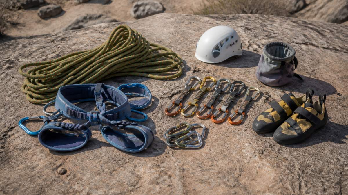 Infographic showing climbing gear essentials including ropes, harness, shoes, and safety hardware for a trip.