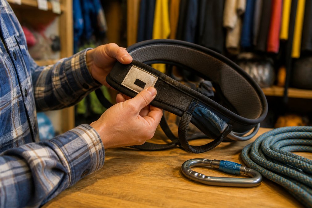 Close-up of a climber's hands examining the certification label and stitching on a climbing harness in a gear shop, with a carabiner and rope visible on the counter nearby