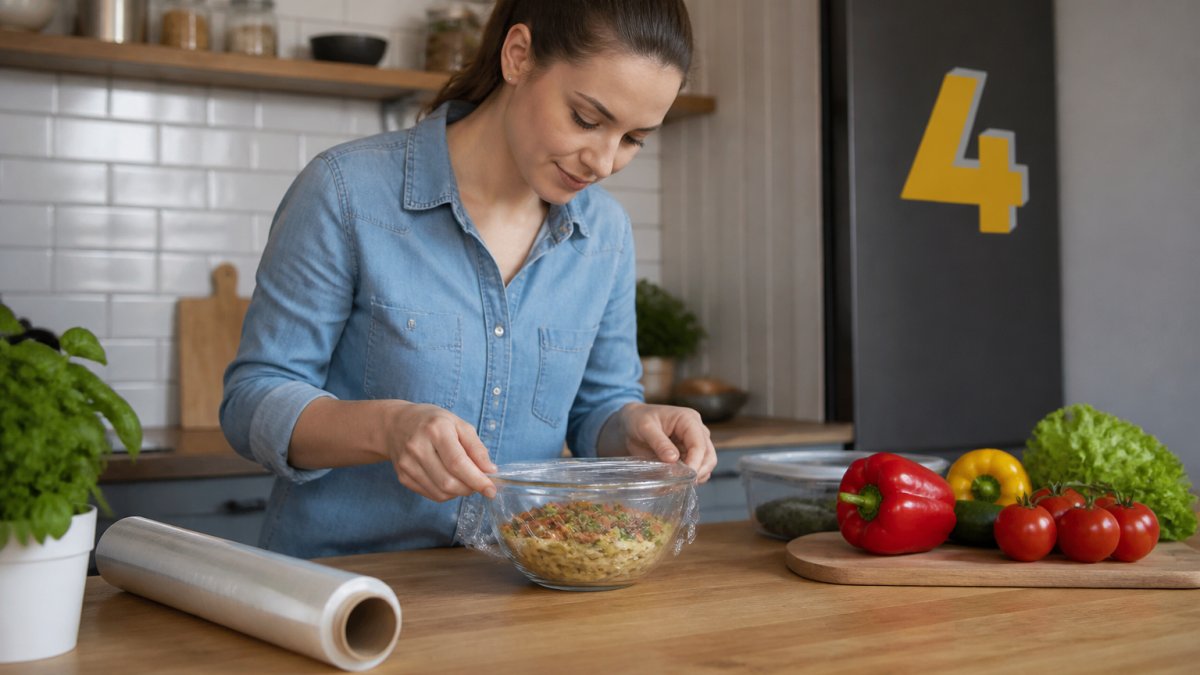 Person in a home kitchen carefully sealing a bowl of leftover food with cling film to keep ingredients fresh.