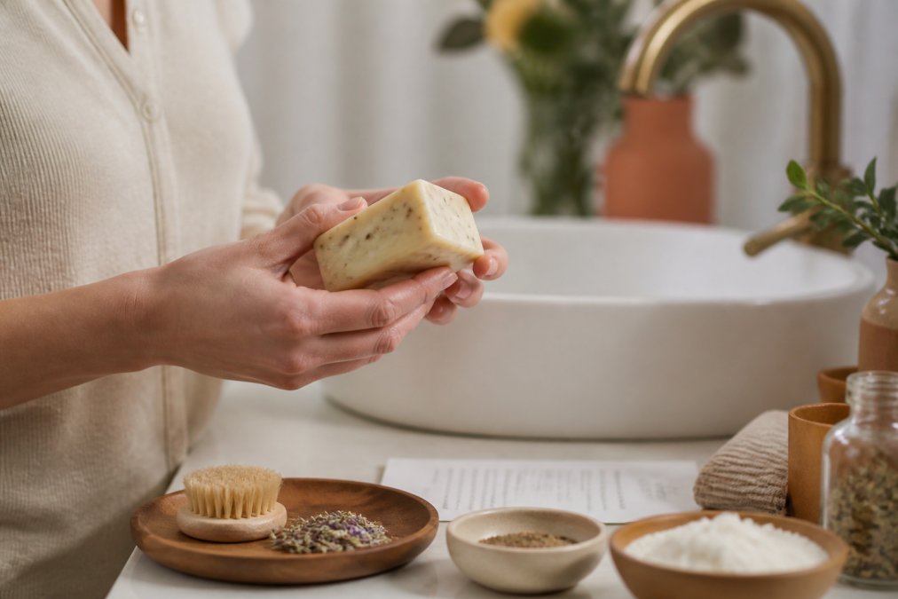 Hands holding a botanical bar soap on a sink, highlighting quality natural skincare ingredients.