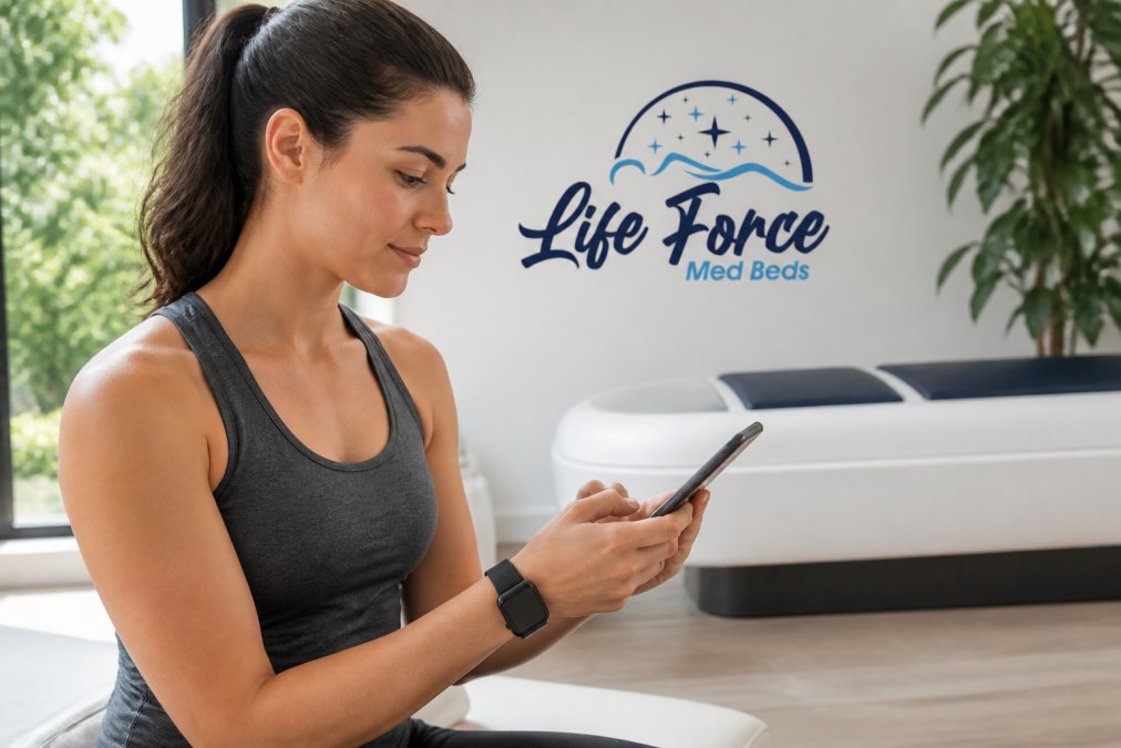 Person wearing a wearable health monitor on their wrist while reviewing health data on a smartphone in a bright, modern wellness environment with natural light