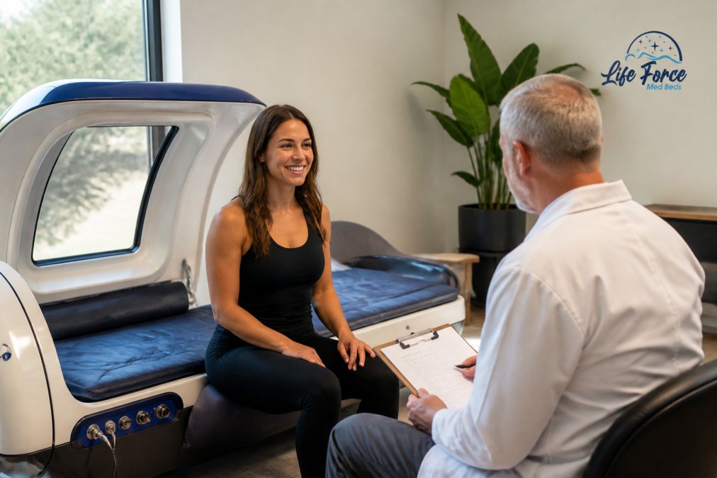 Individual in a wellness center interacting with an integrated health monitoring system, reviewing data on a screen in a modern clinical setting with natural lighting