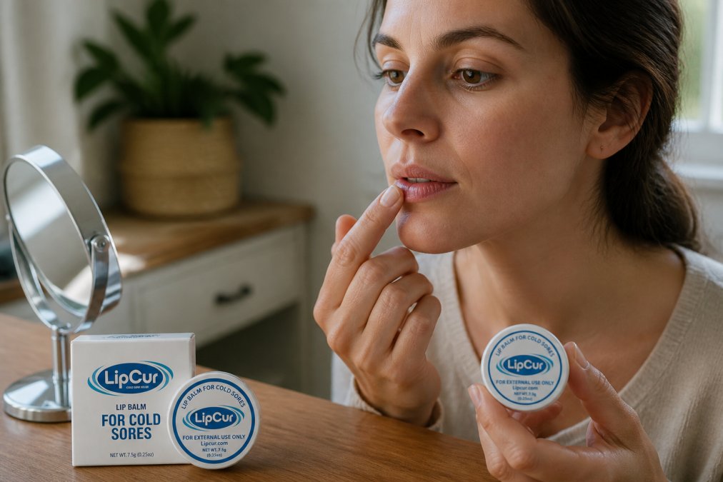 Close-up of a person's lips with a hand gently applying topical treatment during early tingling stage, warm natural lighting, calm focused expression