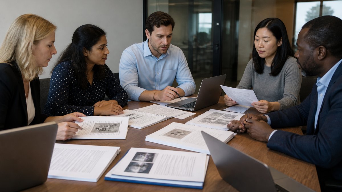 Regulatory team reviewing a clinical development strategy process flowchart in a modern office meeting room