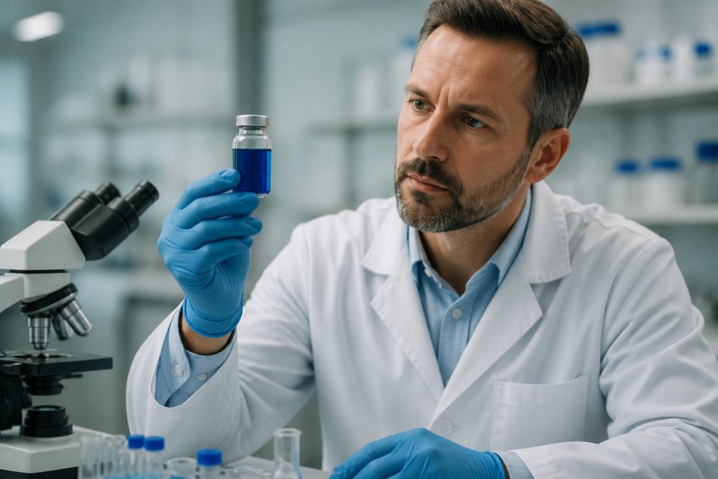 Scientist examining a blue methylene blue solution to study the clinical efficacy of methylene blue in a lab.