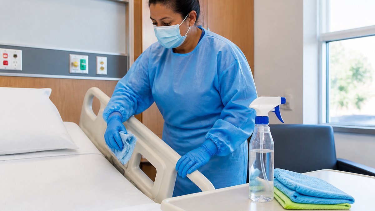 A cleaning professional in gloves and a gown wiping down a high-touch surface such as a bed rail in a bright patient room, with a labeled spray bottle and microfiber cloths visible