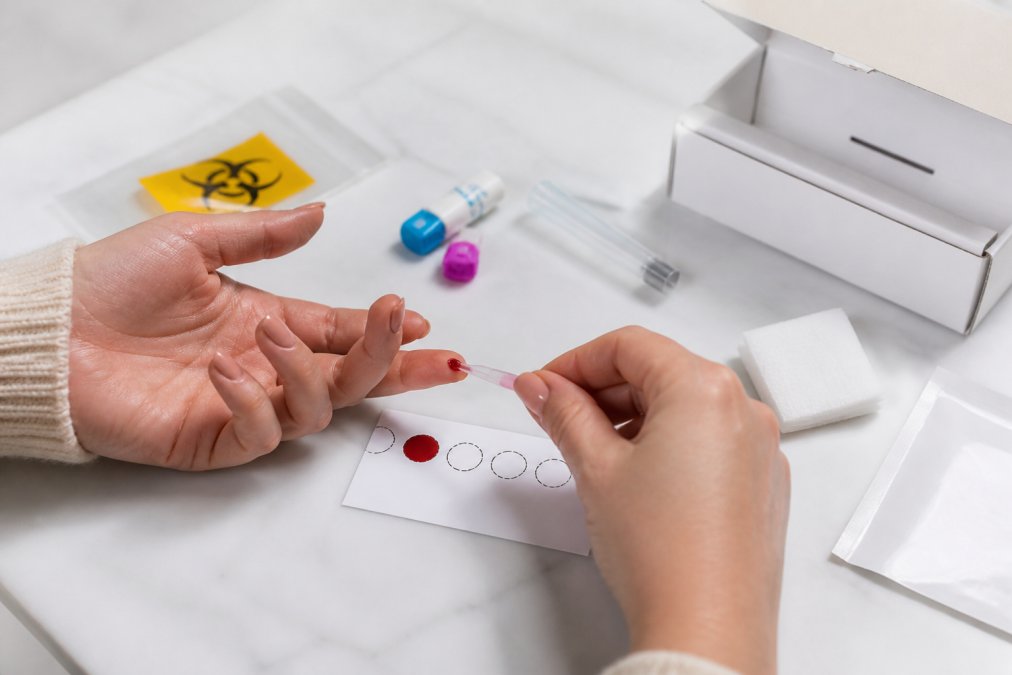 Close-up of hands performing fingerprick blood sample collection onto a dried blood spot card, with collection kit components visible on a clean white white surface, natural daylight
